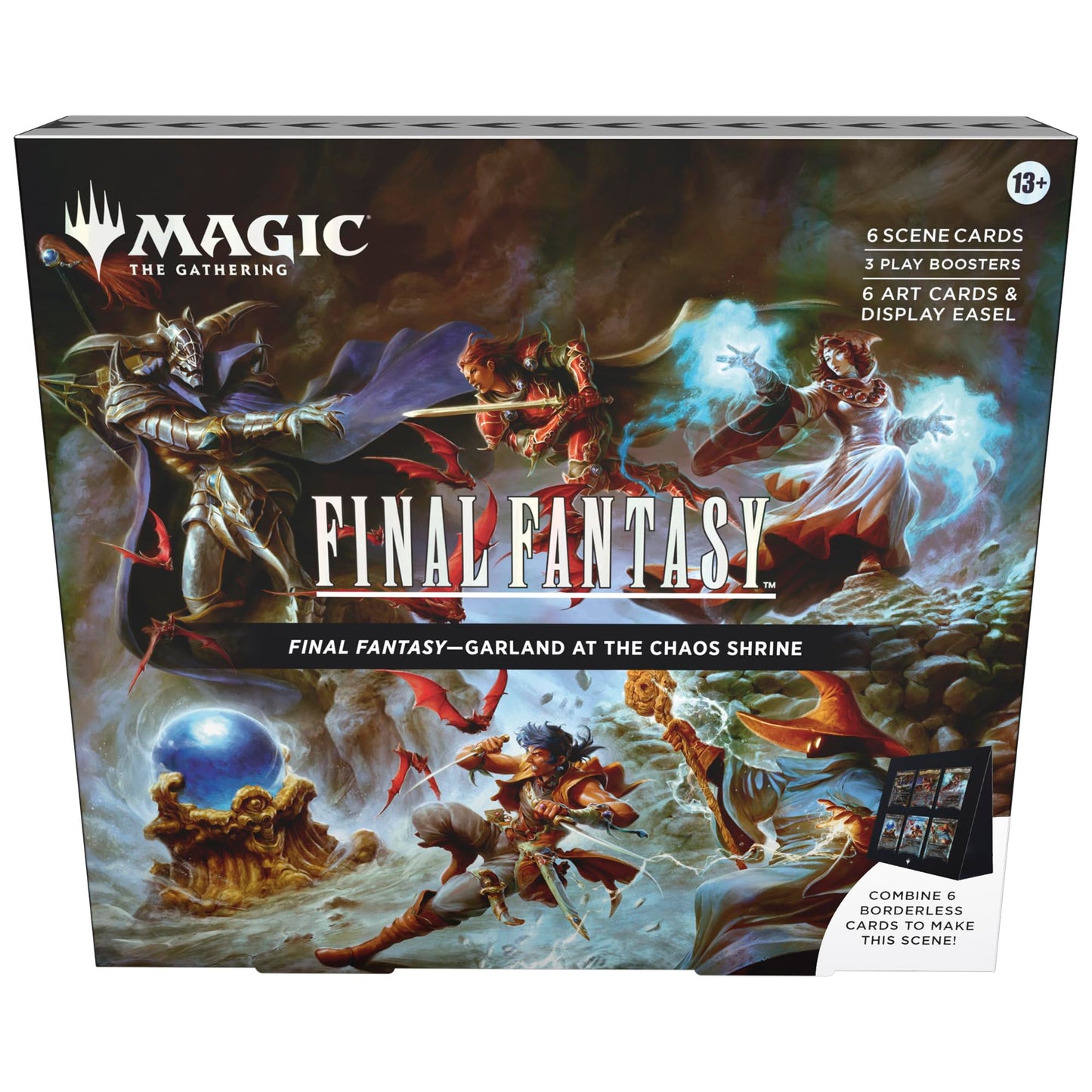 Magic: The Gathering - Final Fantasy Scene Box - Garland at The Chaos Shrine | 6 Foil Borderless Scene Cards, 6 Art Cards, 3 Play Boosters + 1 Display Easel